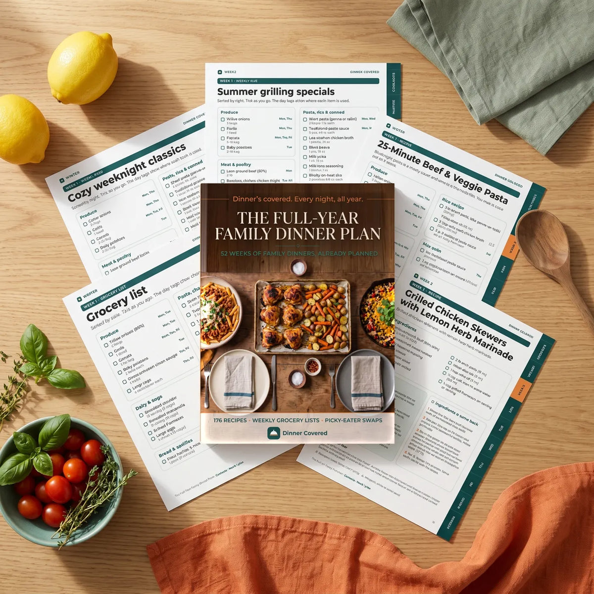 The Full-Year Family Dinner Plan book and sample pages